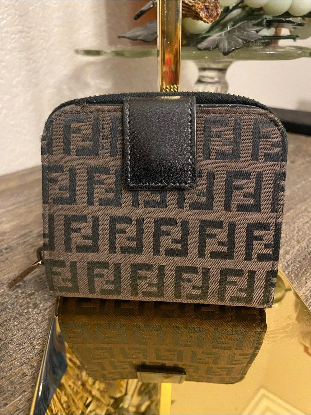 GUC Fendi Brown and Black Zucca Canvas Zip-Around Compact Wallet